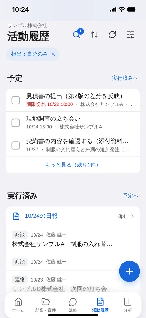 予定の一覧の画面。期限と時刻、関連する案件と顧客が並ぶ（見本のデータ）